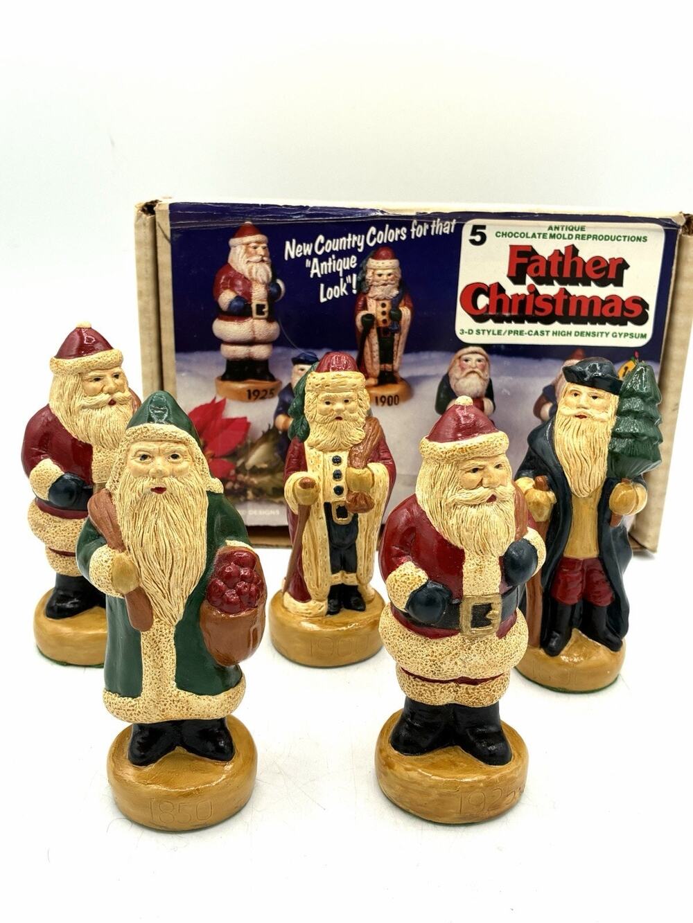 Vintage Wes Crafts Father Christmas Santa Figures 5pc Box 1986 Gypsum